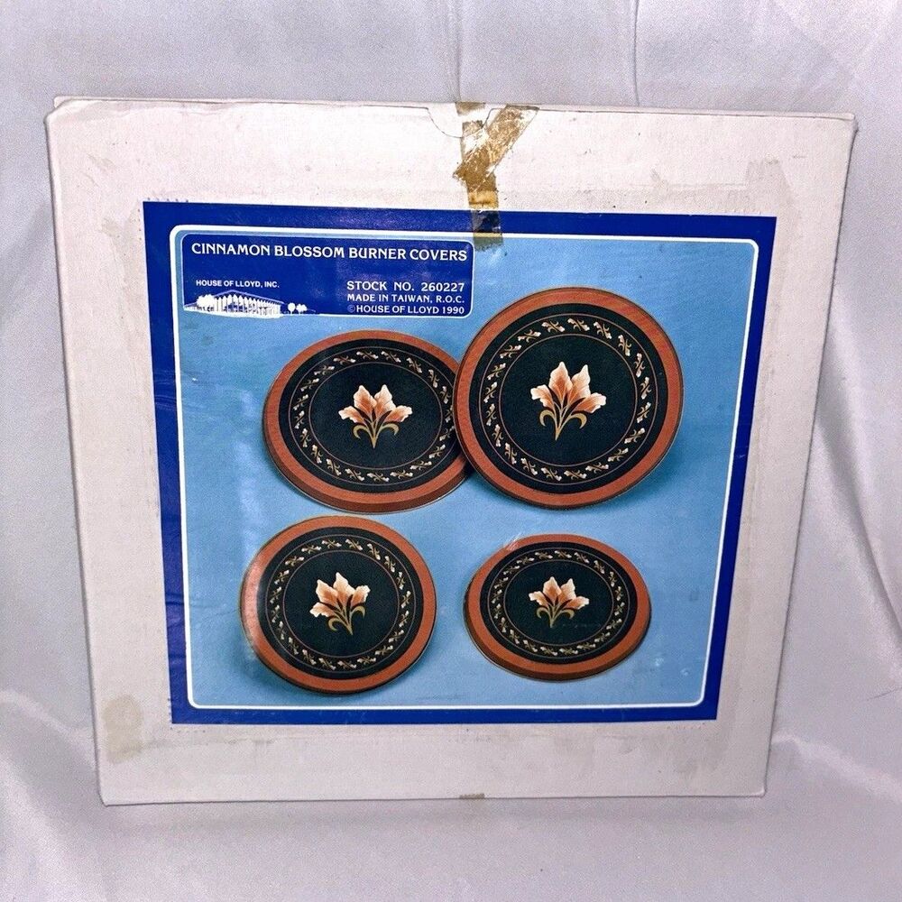 House of Lloyd Cinnamon Blossom Burner Covers Set of 4 Metal Black Brown Vintage